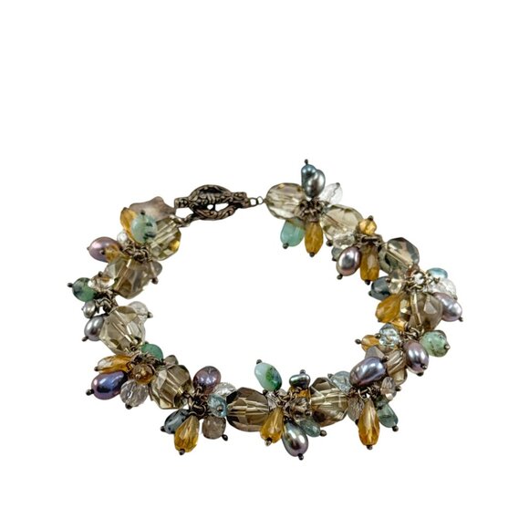 Vintage Multi Gemstone Cluster Bracelet Citrine Quartz Pearl Sterling Silver - Picture 1 of 8